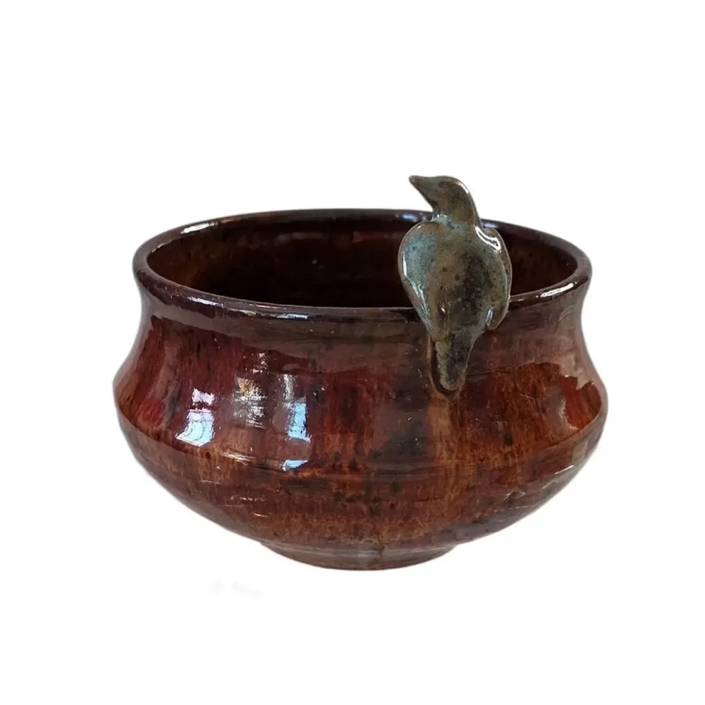 Handcrafted Brown Ceramic Bowl With Bird Accent